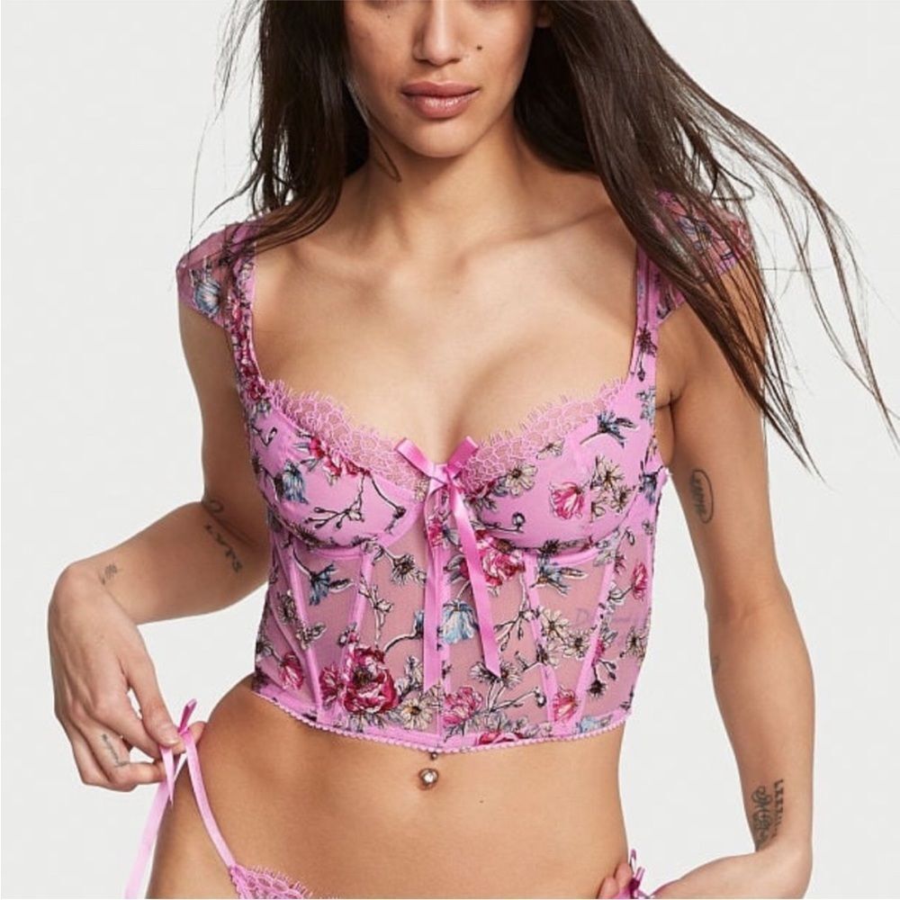 Victoria’s Secret Embroidery Cap-Sleeve Corset Top Lilac Chiffon Floral Large - Picture 12 of 12